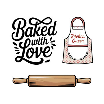 Baked with love kitchen queen apron and rolling pin isolated on transparent background