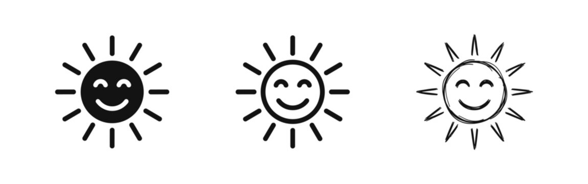 Smiling sun weather icons set featuring happy sunshine character in solid, outline, and hand-drawn styles