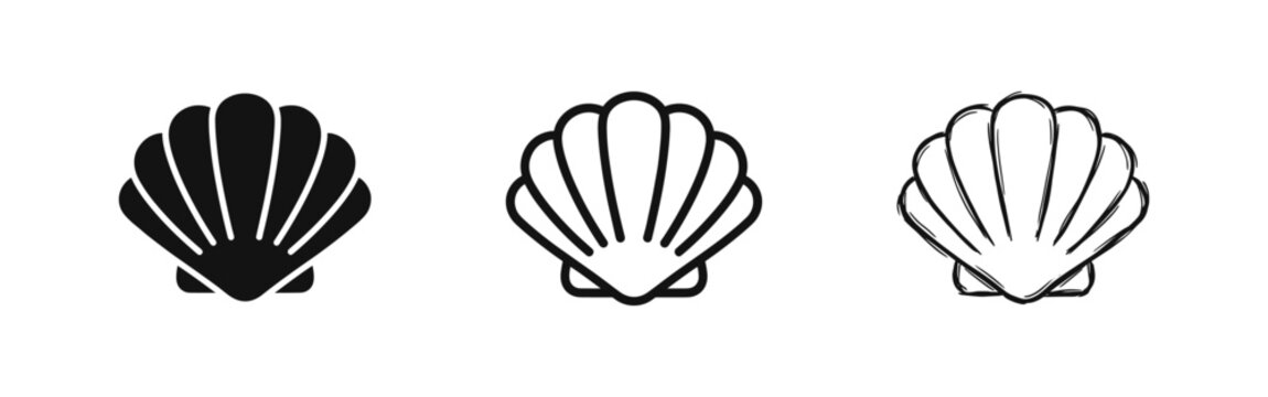 Seashell Icon Set Scallop Shells in Solid Outline and Hand Drawn Sketch Graphic Styles Vector Illustration