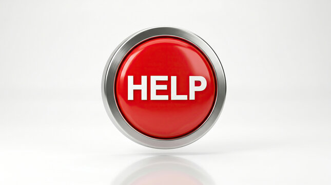 Red Help Button with Metallic Rim on White Background - Emergency Assistance Concept