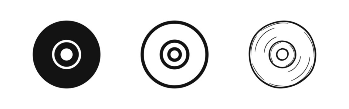 CD or DVD Disc Icons Set in Solid, Outline and Hand Drawn Sketch Styles Isolated on White