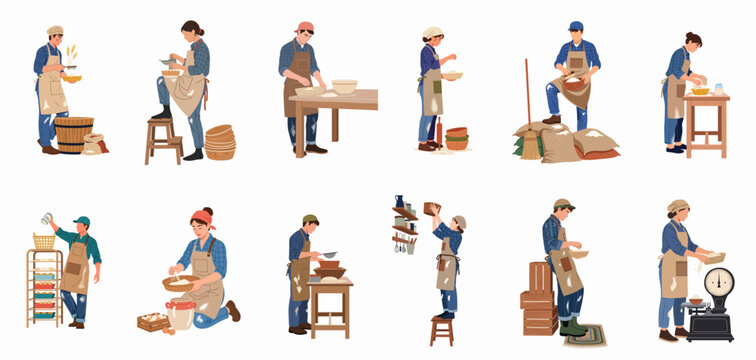 Set of diverse bakers and mill workers performing traditional bread-making tasks such as sifting flour, kneading dough, and weighing ingredients.