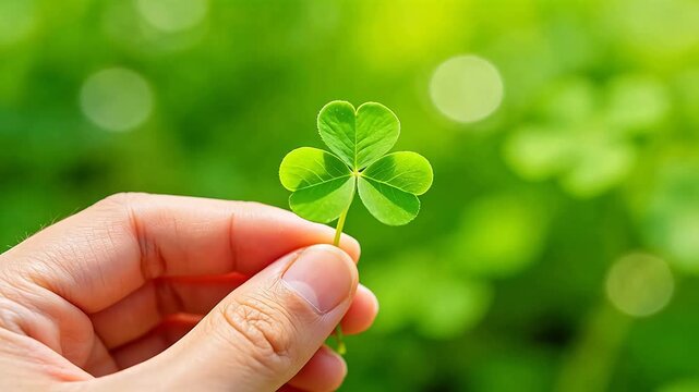 Hand holding a green four leaf clover
