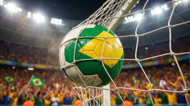 Brazil soccer ball in goal net during match