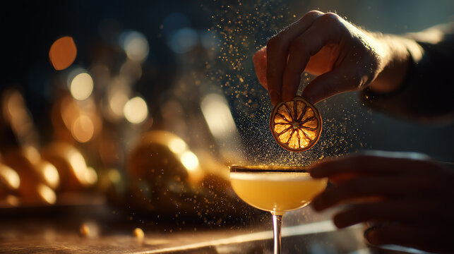 Bartender's hand placing a dehydrated citrus wheel on a cocktail in a coupe glass with scattered golden droplets and warm bar bokeh in dramatic light