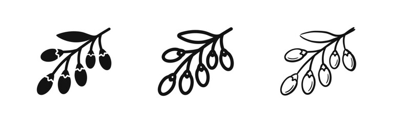 Goji berry or sea buckthorn branch icons in solid, linear and hand-drawn versions © drawing lines