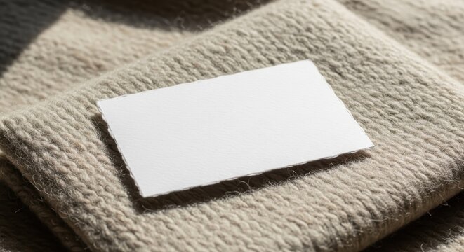 A blank white label rests on a close-up textured surface of natural undyed wool fabric.