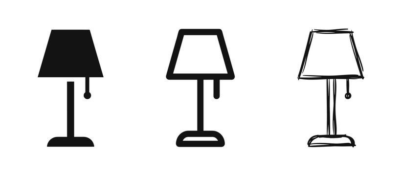 Table lamp icon set in solid, line and hand-drawn styles isolated on white background
