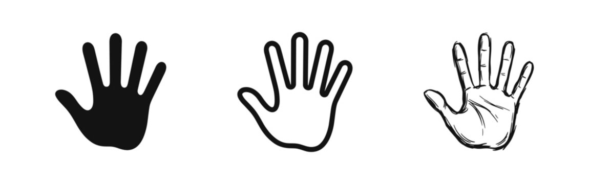 Open human hand icon set with five fingers in silhouette, outline and sketch styles