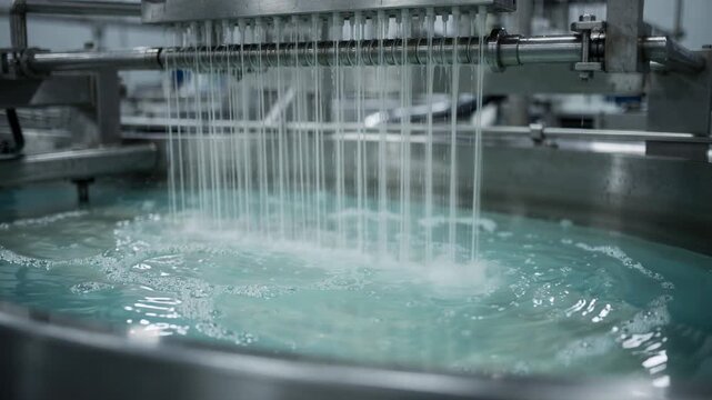 Medium shot capturing wet spinning process of acrylic fiber staple highlighting the transformation from polymer solution to short fiber strands submerged in coagulation bath