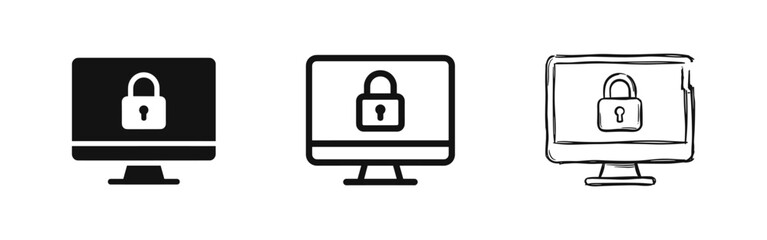 Computer security monitor icons with lock symbol in three professional design styles © drawing lines