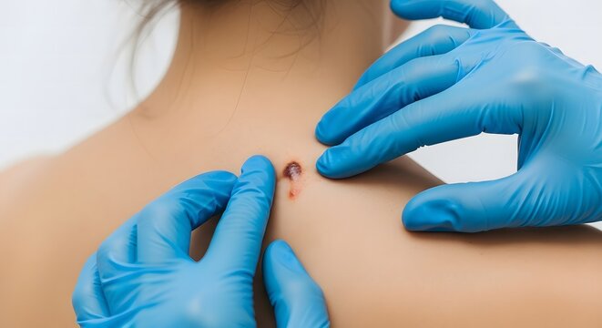 Dermatologist examining suspicious mole on woman's back with gloves