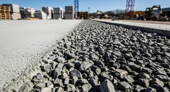 Close up of rough exposed aggregate concrete surface with gravel and construction site elements