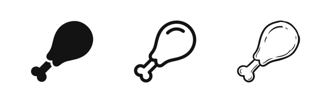Fried chicken leg drumstick icons in three different graphic styles on white background