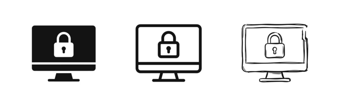 Computer security monitor icons with lock symbol in three professional design styles