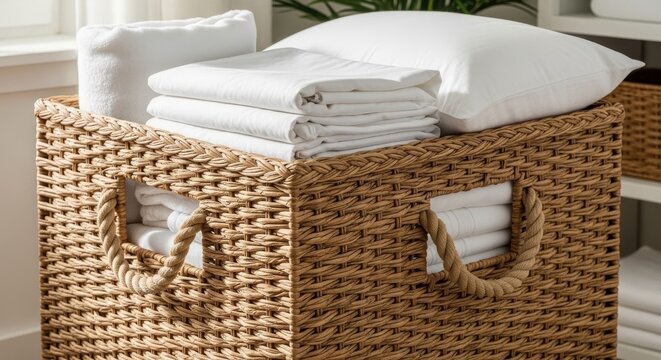Large Woven Laundry Hamper with Sturdy Handles Holding Stacked White Linens and a Pillow