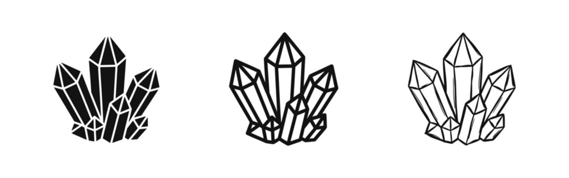 Crystal Cluster Icon Set, Mineral Quartz and Gemstone
