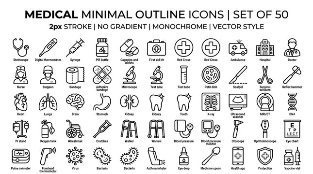 Comprehensive Outline Vector Icon Set for Medical and Healthcare Needs &ndash; Essential Symbols for Science and Professional Services