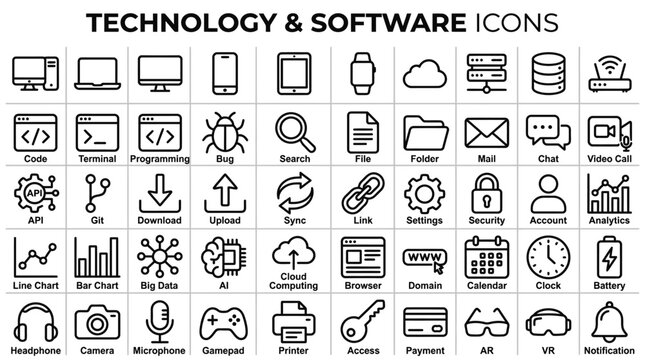 Versatile set of minimalist line vector icons depicting technology, software, internet, and digital concepts, perfect for web, app, and interface design