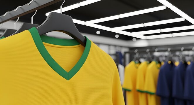 Brazilian football jersey display authentic yellow and green soccer apparel for fans