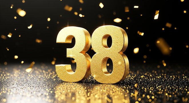 Shiny, three-dimensional golden number 38 displayed against a festive, glittery backdrop with confetti particles.