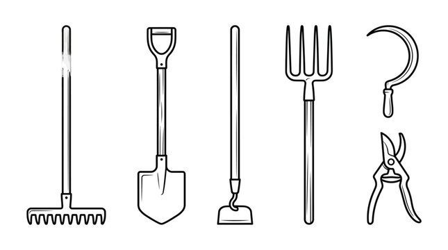 Line art illustration of various essential gardening and farming tools including a rake, shovel, hoe, pitchfork, sickle, and pruning shears.
