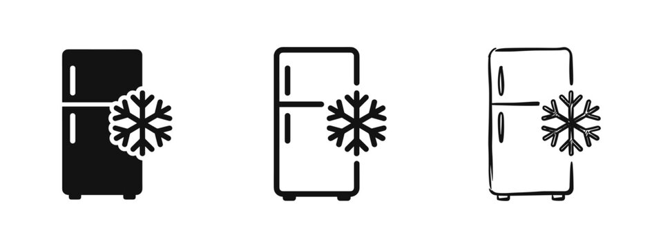 Refrigerator with snowflake icon set with silhouette, outline and hand drawn sketch styles isolated on white background