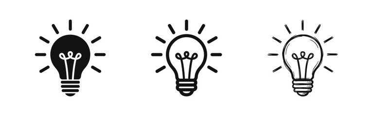 Light bulb idea icons set in solid outline and hand drawn sketch styles © drawing lines