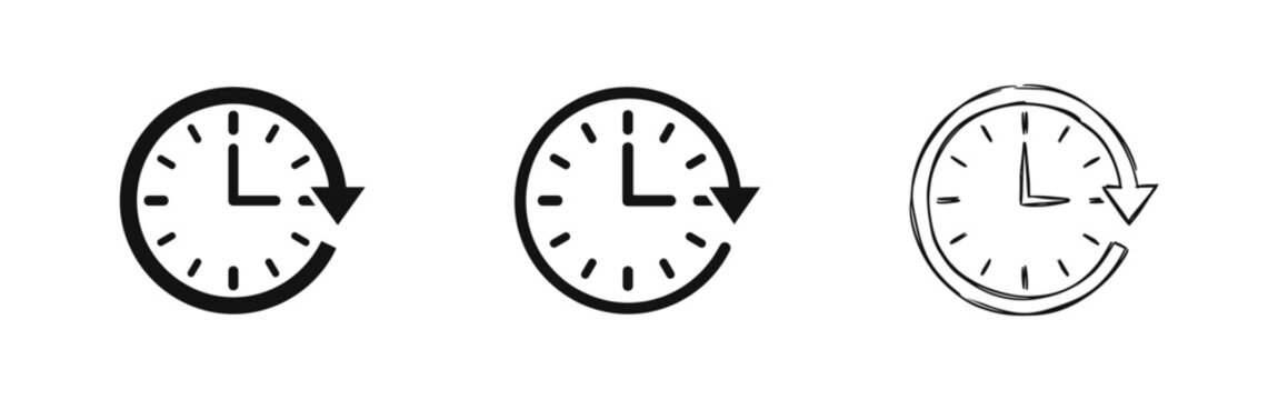 History time clock icons set in solid outline and hand drawn sketch styles