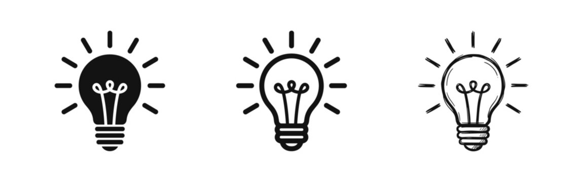 Light bulb idea icons set in solid outline and hand drawn sketch styles