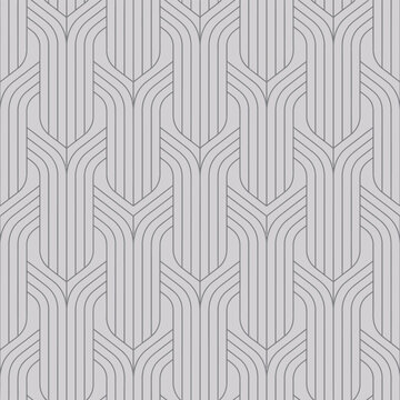 Art deco seamless pattern vector featuring elegant grey geometric lines in a repeatable vintage architectural background texture for modern wallpaper.