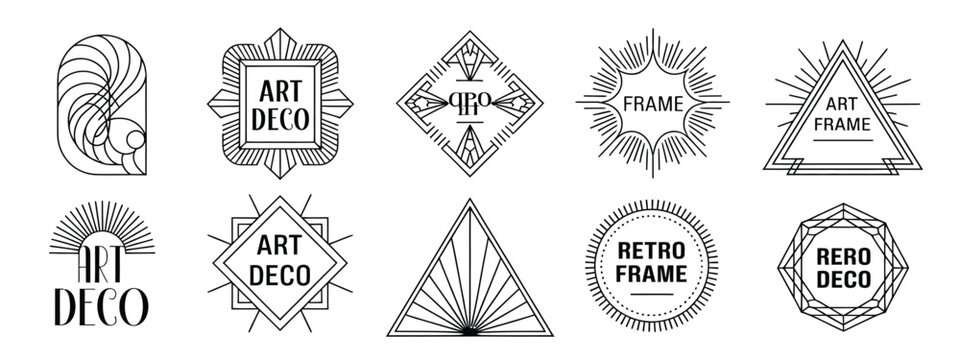 Art deco vector frame badges set featuring ten vintage geometric emblems with retro line borders isolated on white background templates.