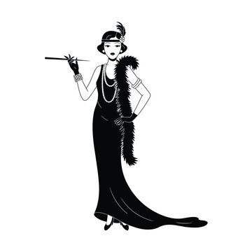 Art deco flapper girl vector illustration featuring 1920s fashion woman in black evening dress holding vintage long cigarette holder