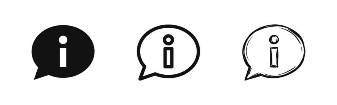 Information icon set, speech bubble info symbol in three styles, solid outline and hand drawn sketch vector