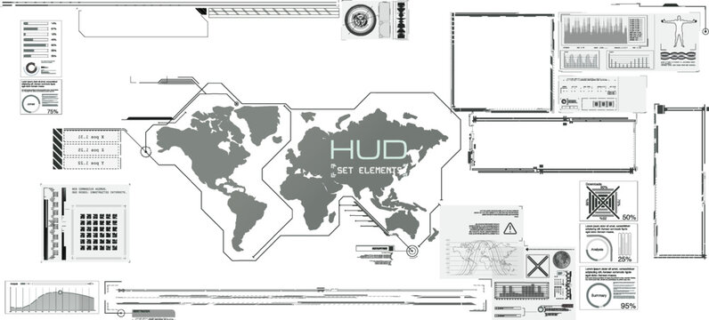 A comprehensive heads up display graphic set presents a gray world map, diverse statistical charts, and data indicators.