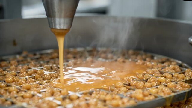 Medium shot capturing the pouring of hot petroleum wax into pellet molds emphasizing texture and the small uniform shapes forming during production