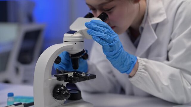 Scientist analyzing samples under microscope in laboratory