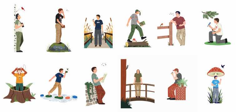 Collection of illustrations featuring a male birdwatcher and nature enthusiast engaging in diverse outdoor activities like hiking, mapping, and wildlife photography in the forest.