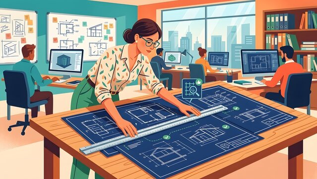 Architects working with building blueprints and computer designs in a modern office