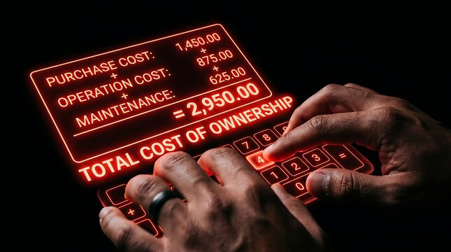 Businessman calculating total cost of ownership on futuristic digital interface.