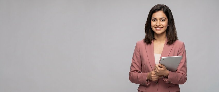 Confident Indian businesswoman  in blazer holding digital tablet. Portrait of smiling female corporate professional, consultant or financial advisor with wide copy space for text