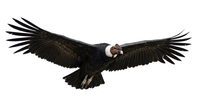 Large andean condor bird with wide black wings soaring high in the blue sky above