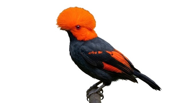 Bright orange and black andean cock of the rock bird perched on a small tree branch