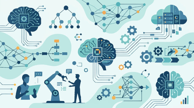 Artificial intelligence and machine learning concepts illustrated with brains and circuits.