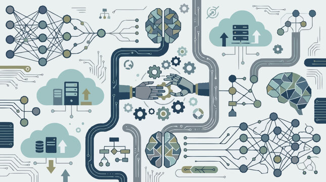 Artificial intelligence network connecting data clouds and brains.