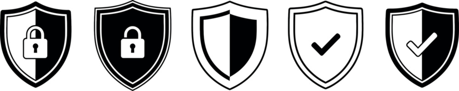 Silhouette of five shield icons isolated on transparent background