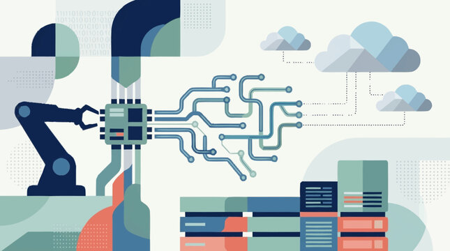 Robotic arm connecting to computer chip with cloud technology.