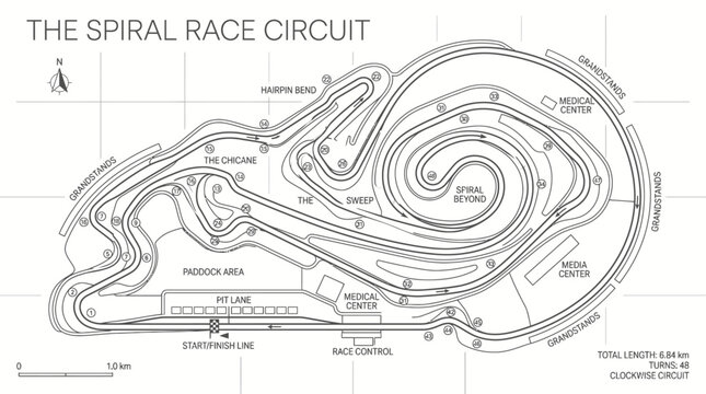 Blueprint of The Spiral Race Circuit showing detailed track layout, pit lane, medical centers, and various bends and sections.