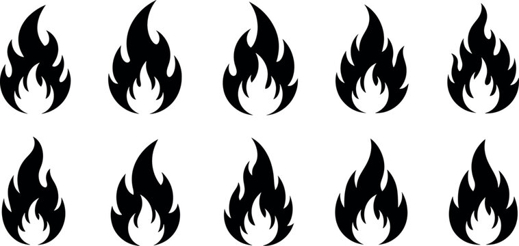 Ten black fire flame silhouettes collection isolated on transparent background vector illustration for design