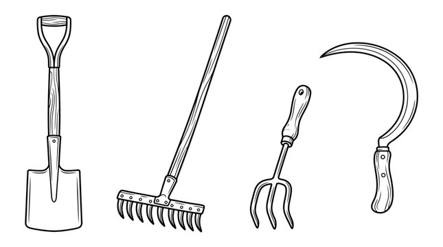 A collection of essential gardening and farming tools including a shovel, rake, hand fork, and sickle, depicted in a detailed black and white illustration.